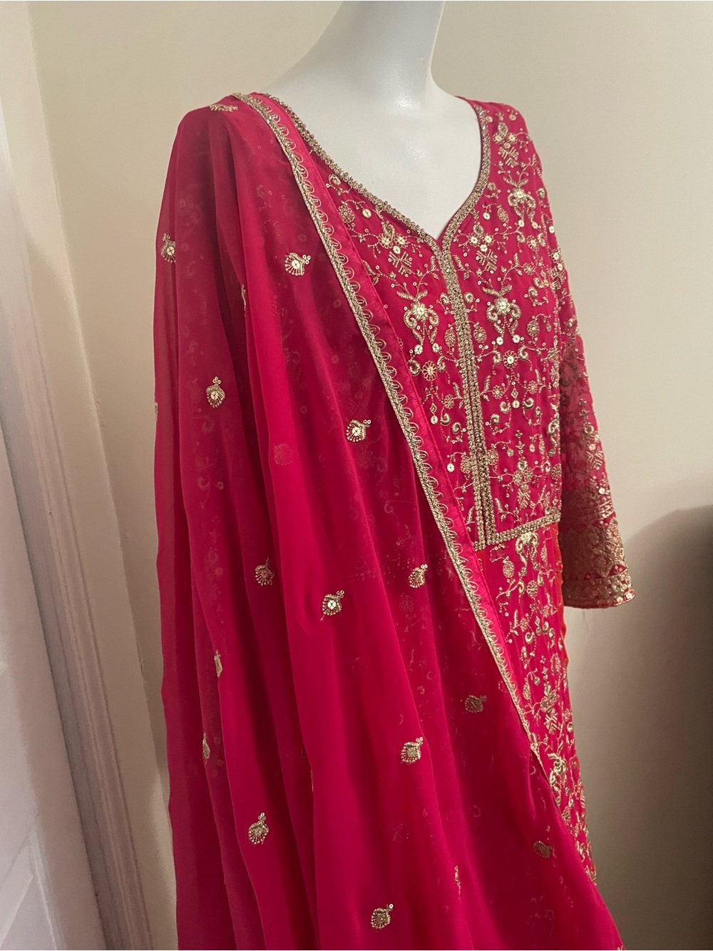 Embroidered Red and Fuchsia Formal Anarkali Gown with Gold Accents